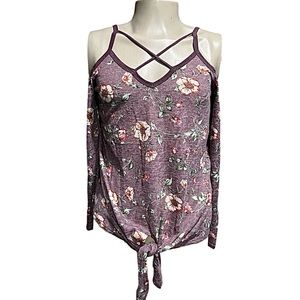 NWOT Women’s CY Fashion Cold Shoulder Top w Floral Pattern Criss Cross Neckline